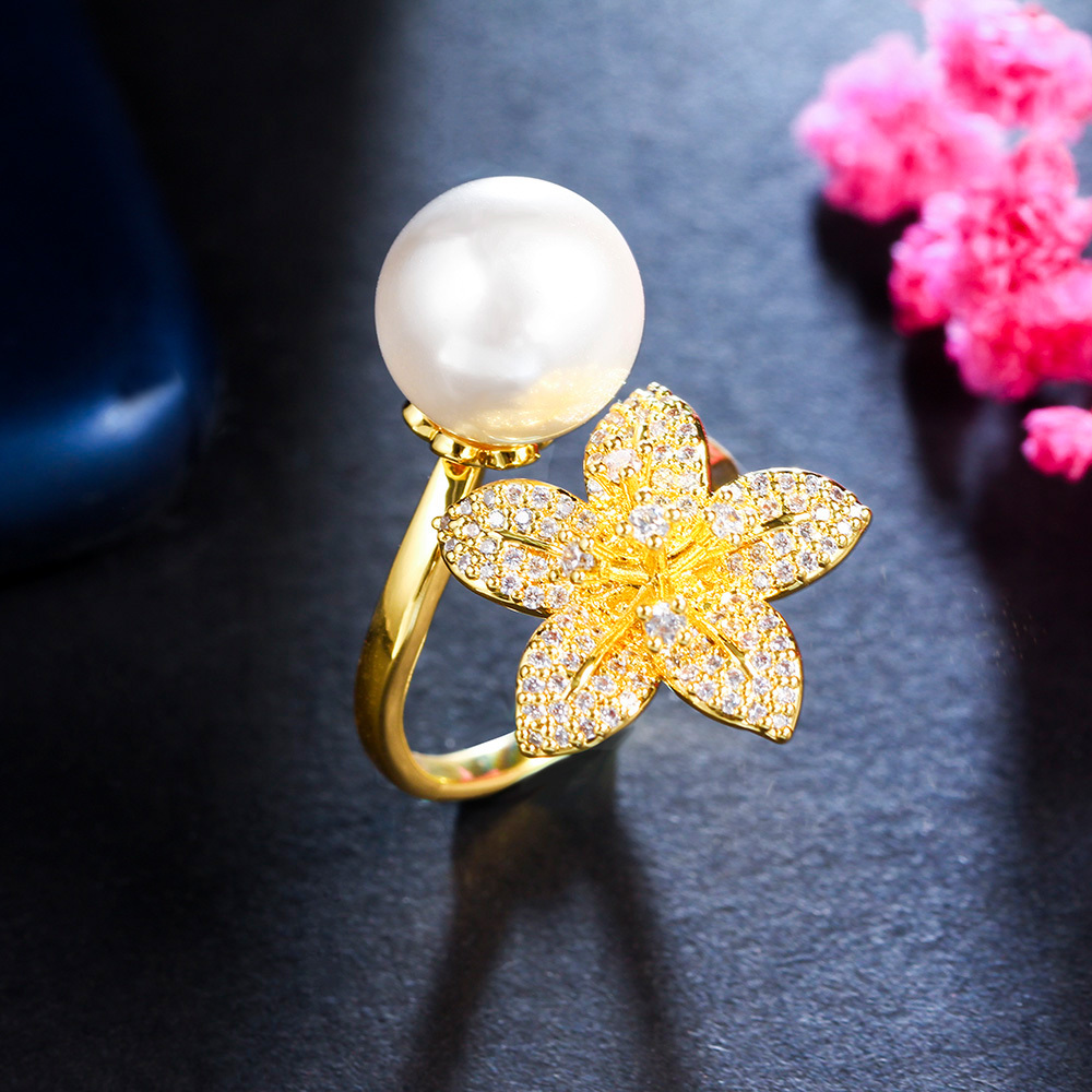 1 Piece Copper Section Open Ring Inlaid Cubic Zirconia Pearl Fashion Cute Ring Opening Adjustable Size Flower Shape Party Wedding Jewelry Suitable For Women Wedding Or Party Wear (Factory Wholesale)
