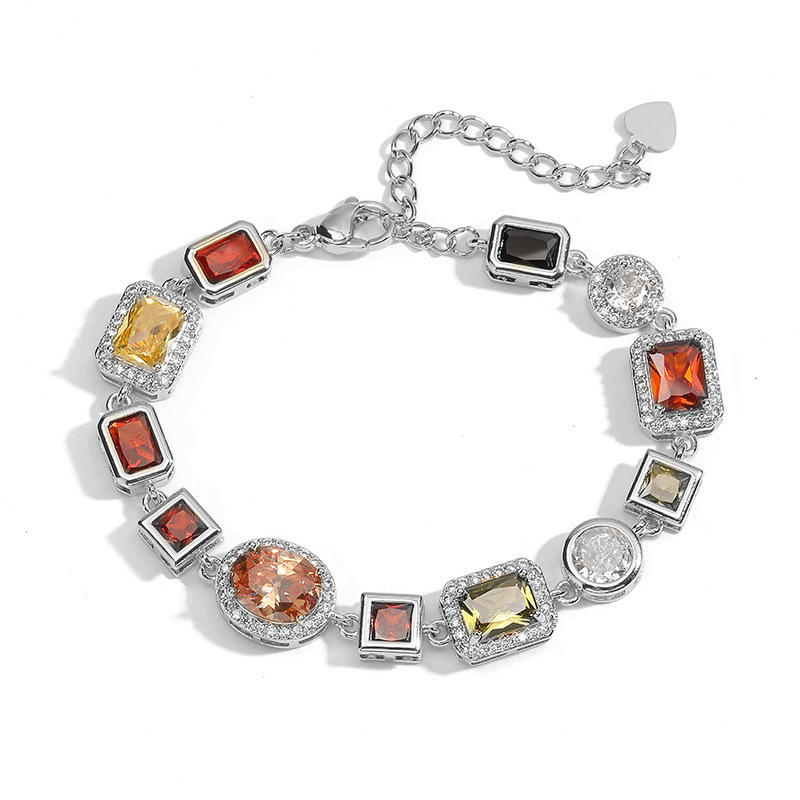 Retro Luxury Geometric Color Diamond Embedding Bracelet Necklace Set Palace Style Fashion Jewelry Accessories For Women