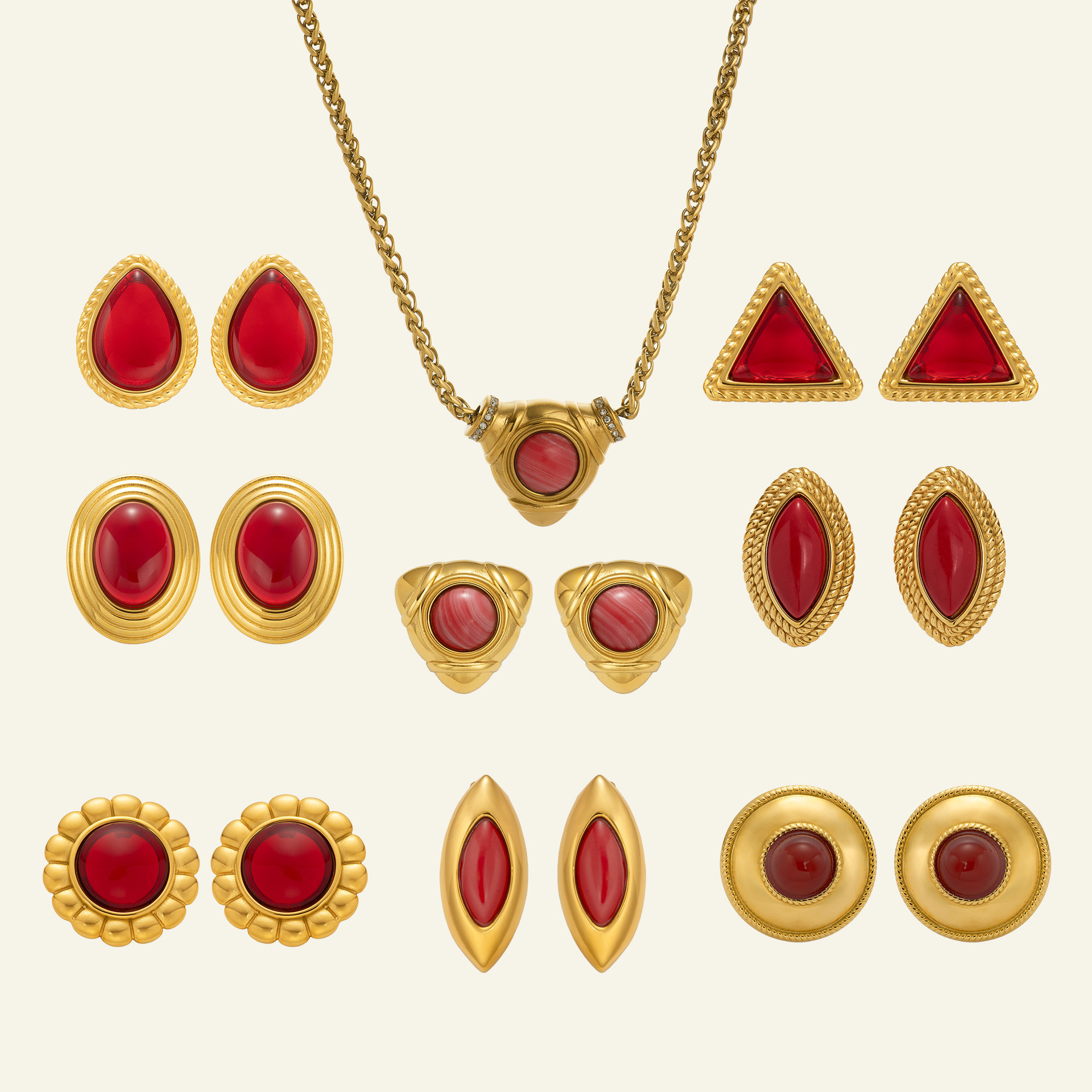 Red Ruby Necklace Earring Set Luxury Sensation 18K Stainless Steel Geometric Pattern Casual Style Women's Jewelry Accessories