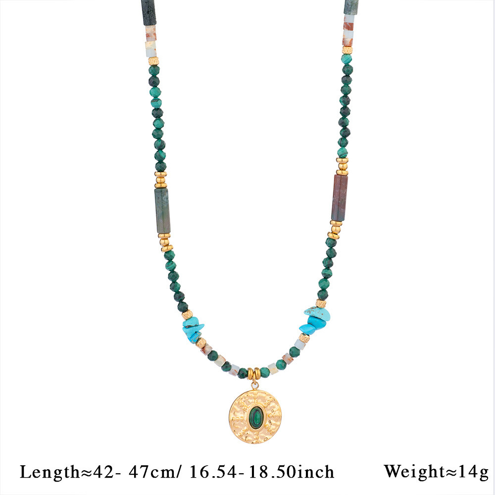 Vacation Classic Style Round Imitation Pearl Malachite Titanium Steel Beaded Chain Necklace In Bulk