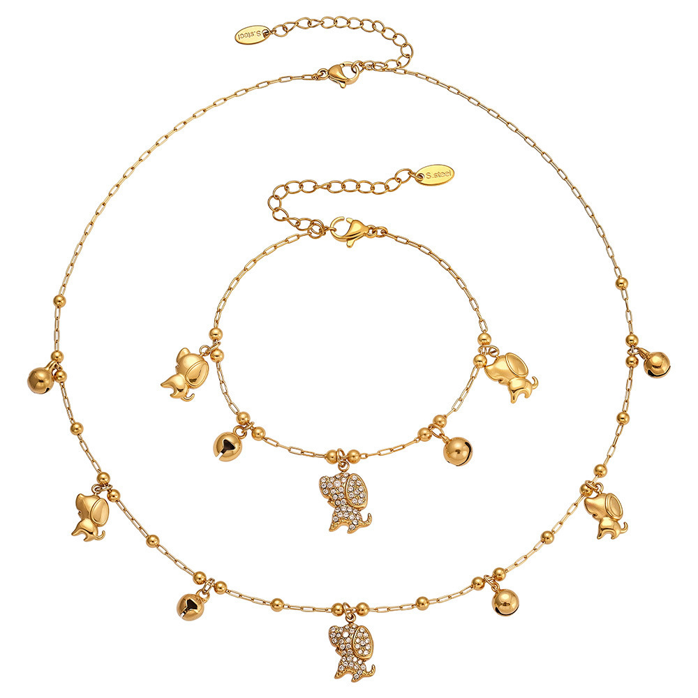 Stainless Steel 18K Gold Plated Zircon Dog Bell Shaped Bracelet Necklace Set Multi Accessories Jewelry For Women Simple Style