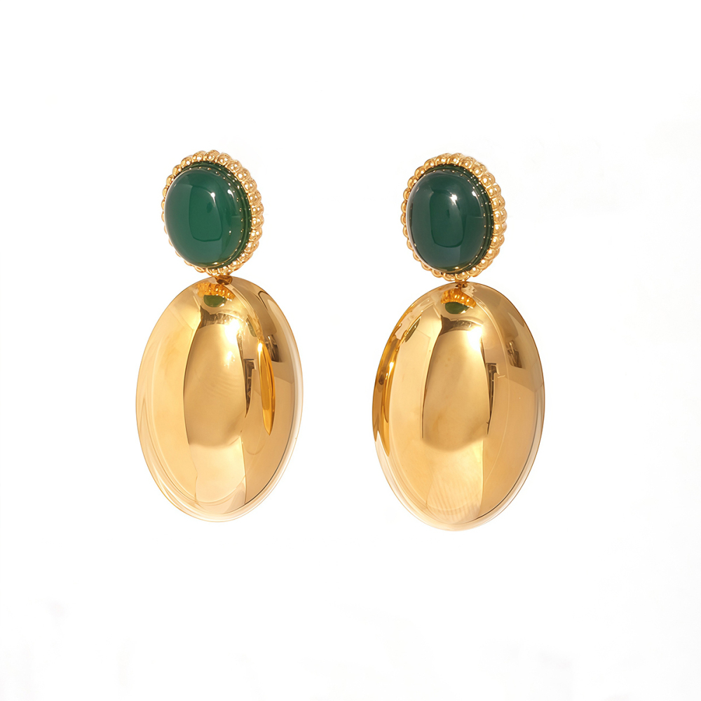 18K Gold Plated 304 Stainless Steel Vacuum Electroplated Vintage Oval Natural Stone Earrings Jewelry Women's Accessories Waterproof Non-Fading Three-Dimensional Design