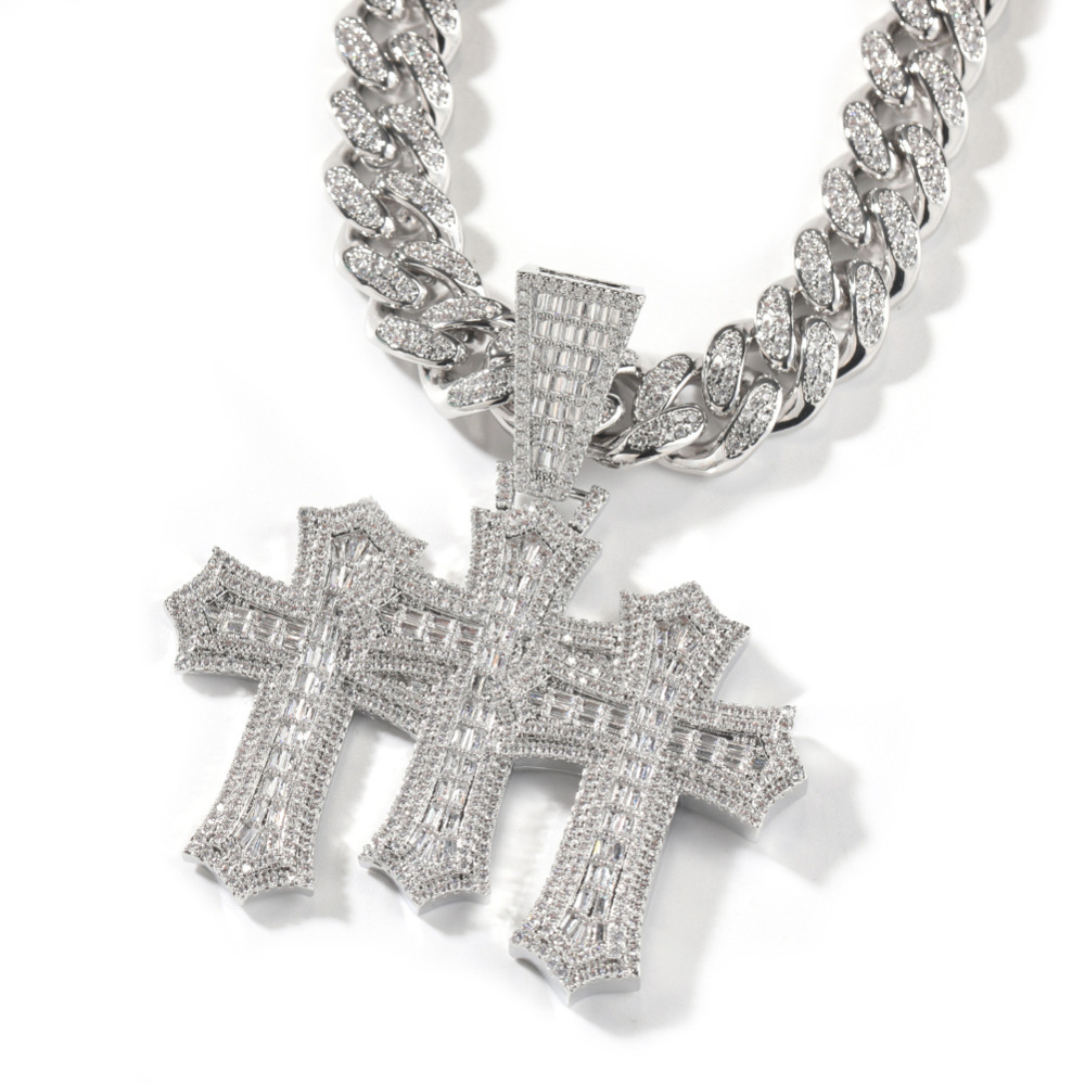 Hip Hop Cross Pendant Necklace Set Cuban Chain Zirconia Embedded Copper Geometric Patterned Jewelry For Men And Women