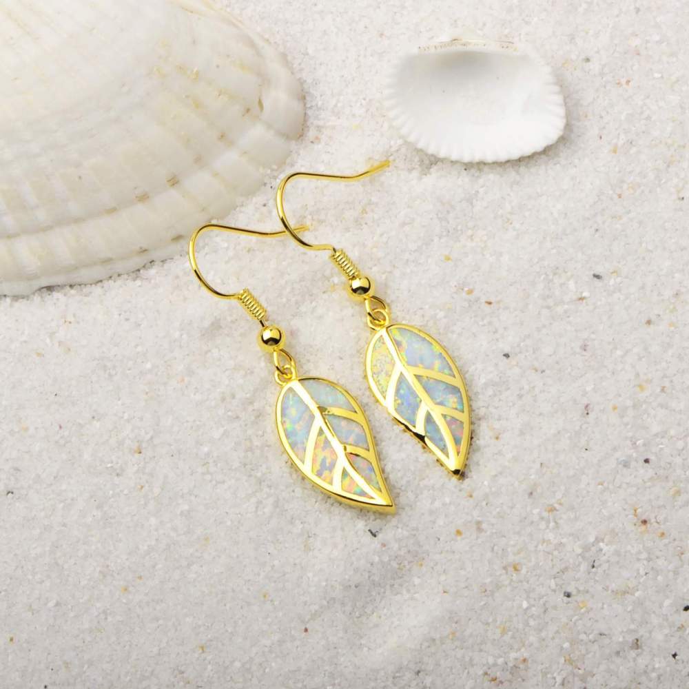 Oceanic Leaf Opal Earrings TikTok Trendy Beach Girl Sweet Style Geometric Pattern Copper Jewelry Accessories For Women