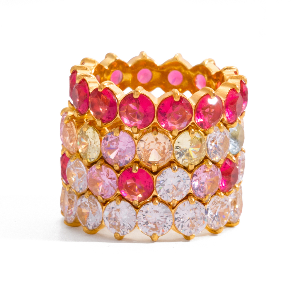 Women's Classic Style 18K Gold Stainless Steel + Zircon Inlaid Pink White Round Zircon Ring Size 7