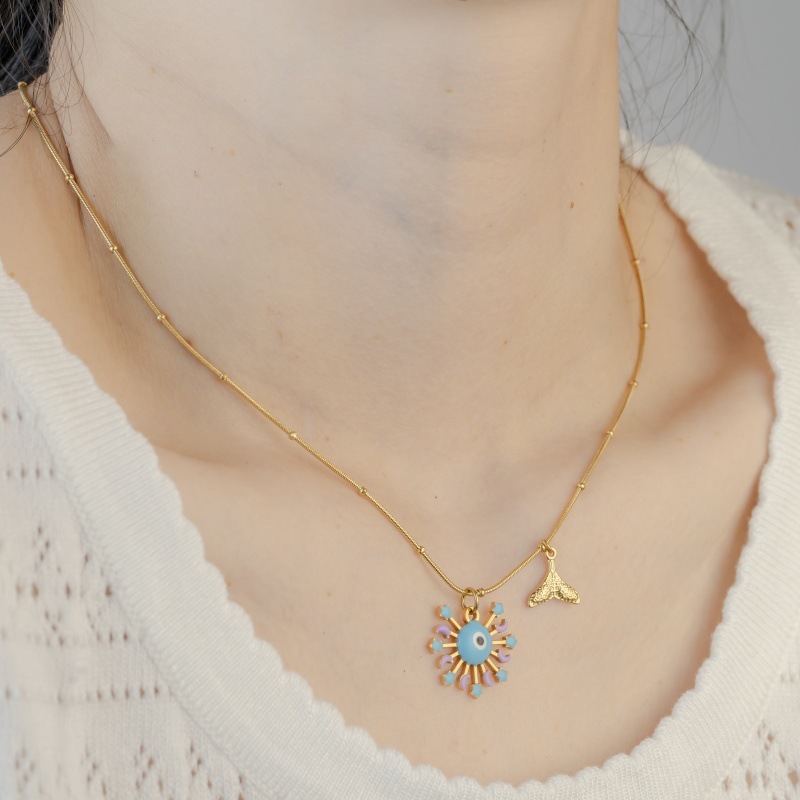 Colorful Blue Eye Stainless Steel Titanium Steel Necklace Fashionable Personality Original Design Women's Jewelry Accessory