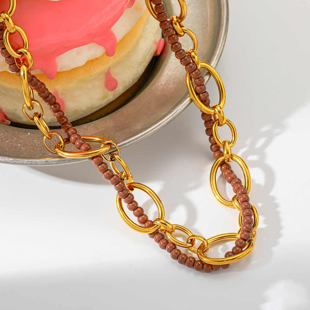 Simple Design 18K Gold Plated Stainless Steel Rice Bead Round Beaded Necklace Casual Romantic Classic Style Lobster Clasp