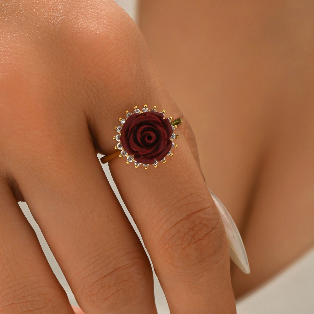 1 Piece Copper Inlaid Zircon And Cinnabar Material Rose Shape Vintage Simple High-end Sense Women's Ring Party Banquet Jewelry Accessories
