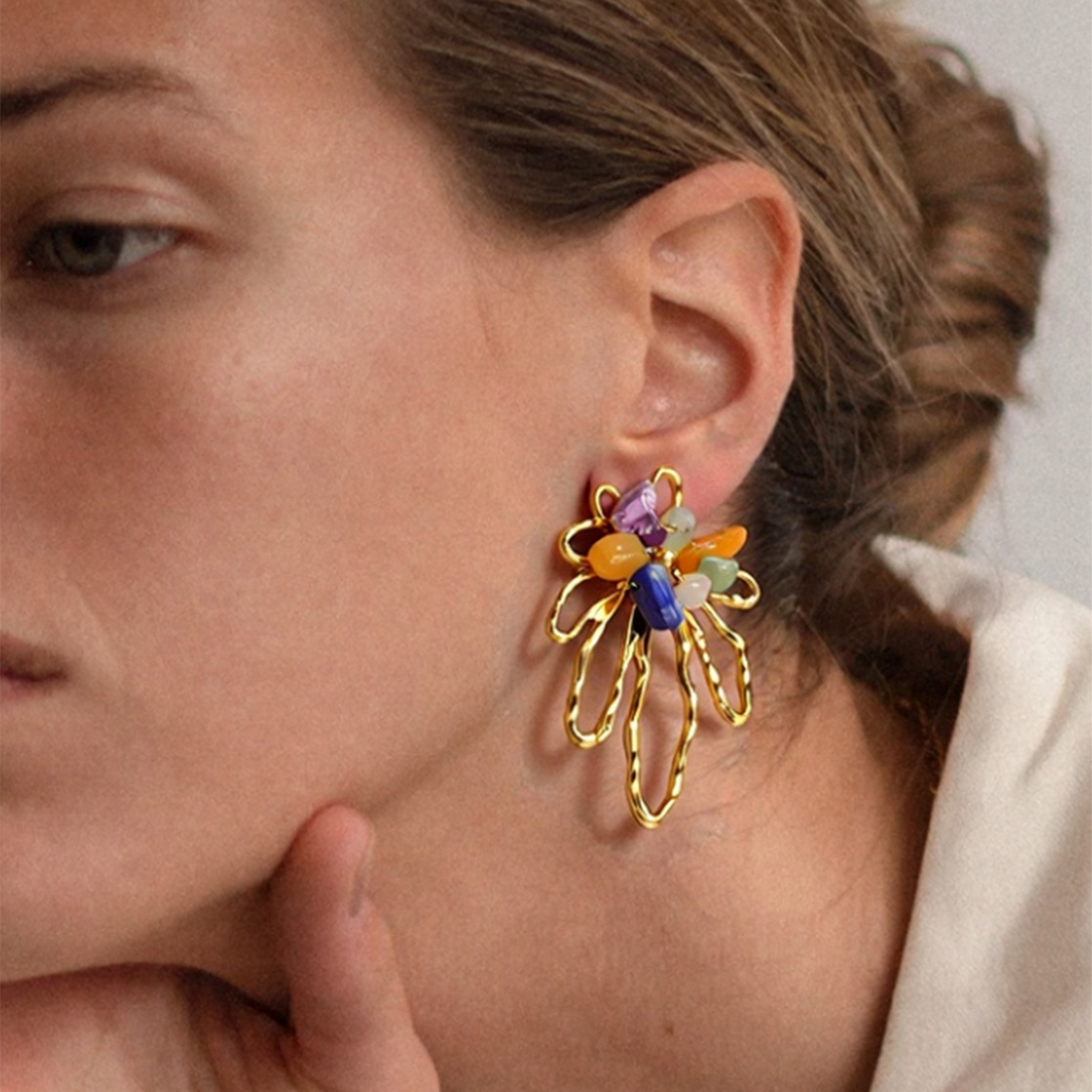 18K Gold Plated 304 Stainless Steel Vacuum Electroplated Natural Stone Geometric Asymmetric Three-Dimensional Women's Earrings Jewelry Accessories
