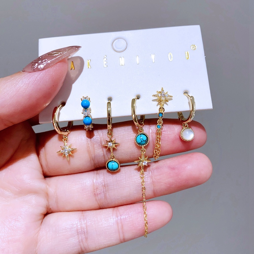 Turquoise Star Chain Earrings Set Geometric Rose Gold Plated Copper Women's Jewelry Accessories