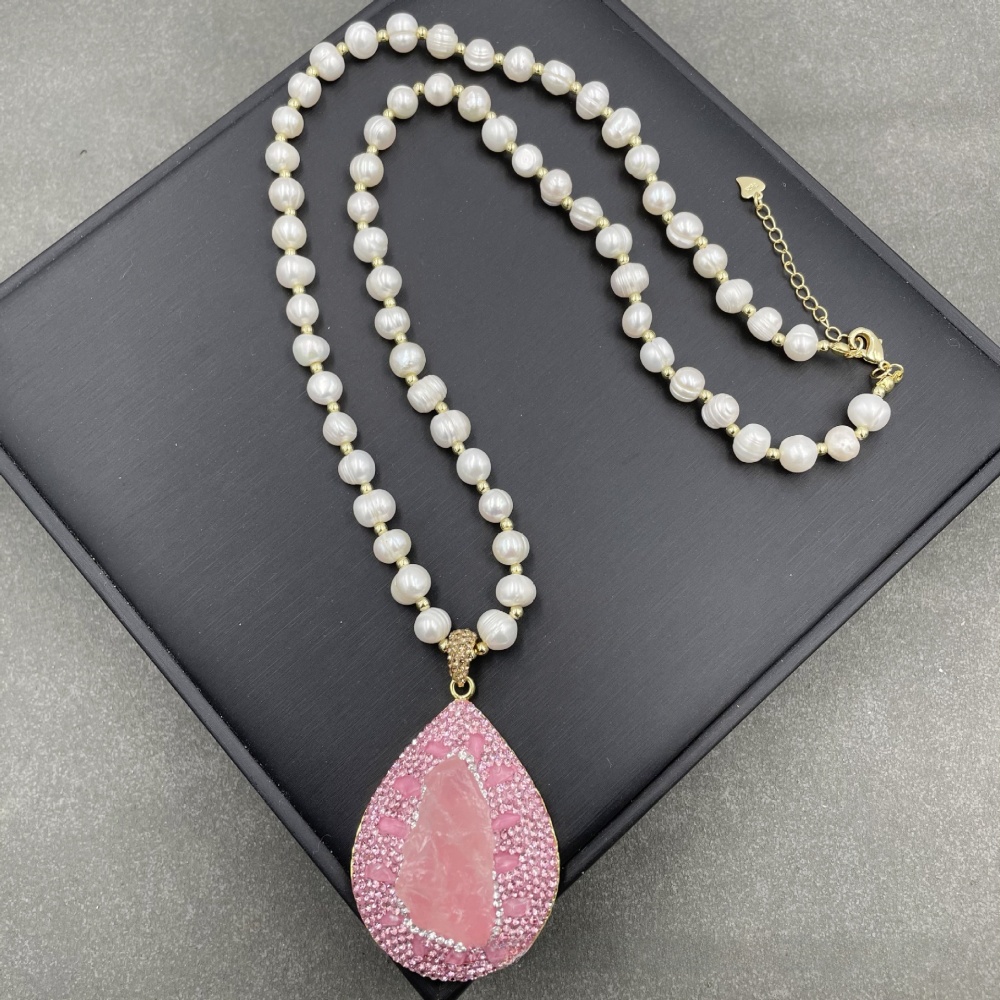 Natural Pearl Original Design Necklace Crystal Powder Gem Czech Drill Sweater Chain Autumn Winter European American Style Jewelry Accessories