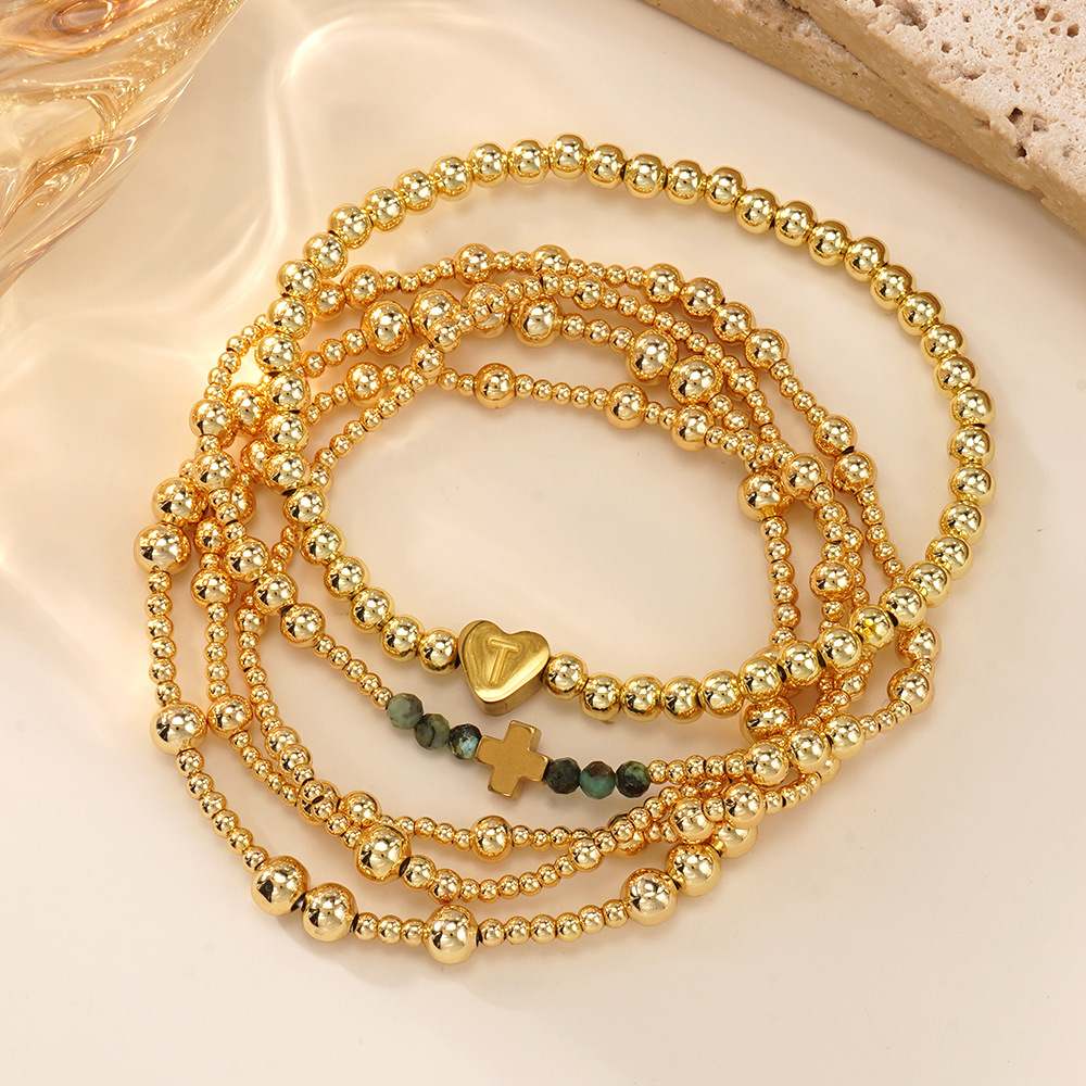 Luxurious Golden Heart Letter African Copper Beads Bracelet Set Of Five Facet Cut Loose Women's Fashion Jewelry Accessories