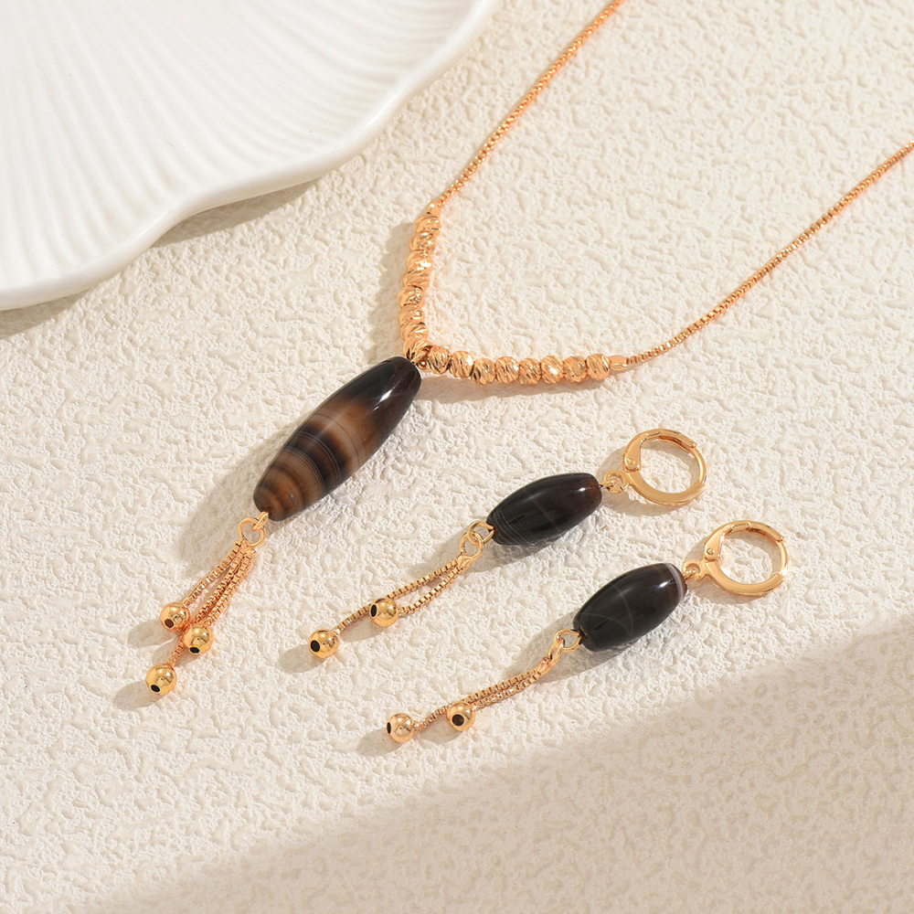 Natural Agate Beaded Necklace Earrings Set Simple Retro Ethnic Style Party Jewelry Accessories Geometric Pattern Tassel