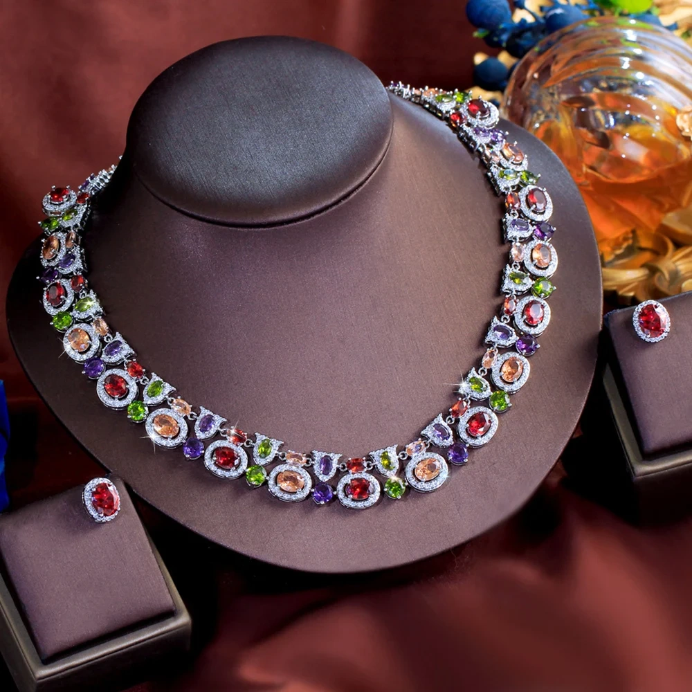 Copper Jewelry Two-Piece Set Luxurious Geometric Multicolor Cubic Zirconia Earrings Necklace Set For Women Bohemian Party Wedding Costume Jewelry