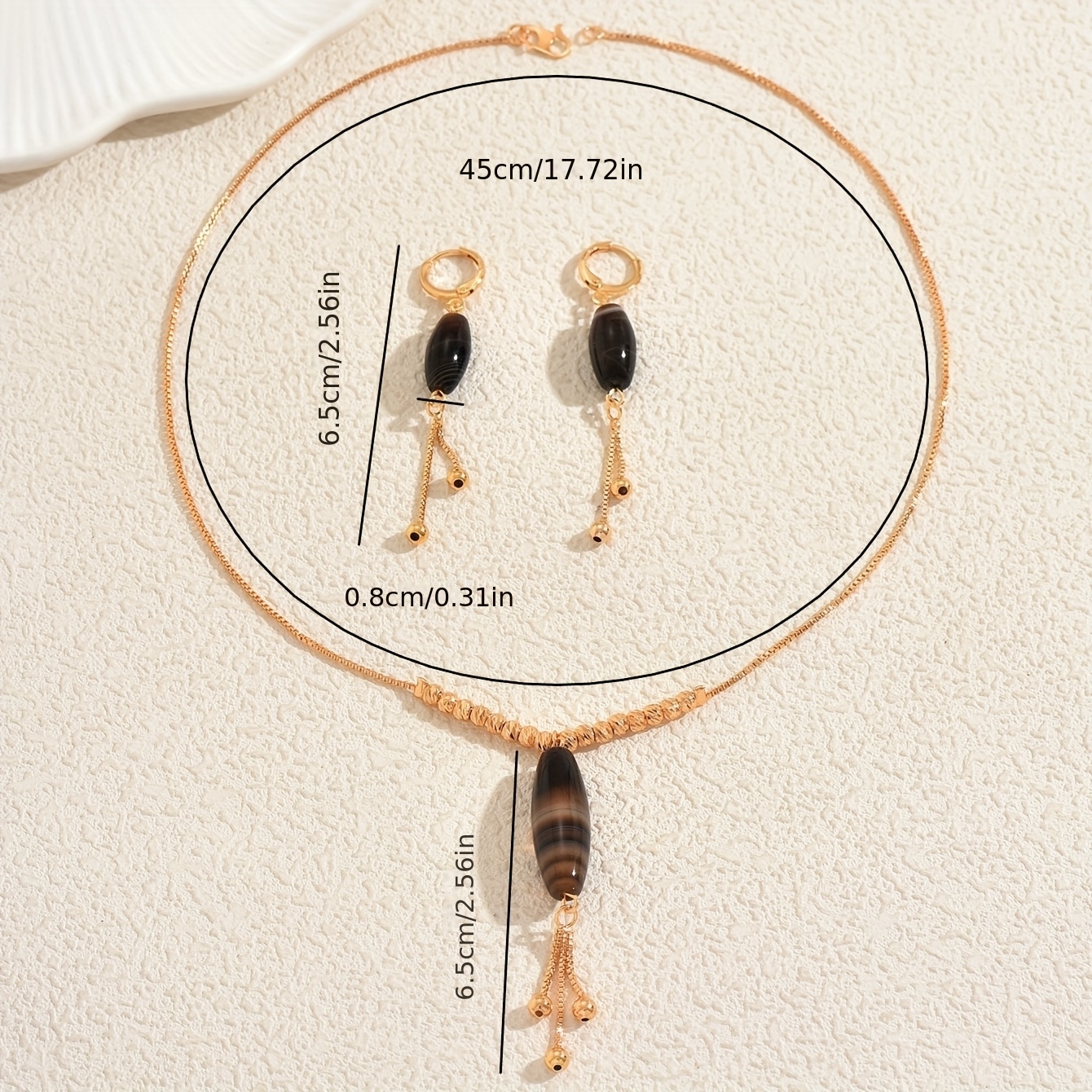 Natural Agate Beaded Necklace Earrings Set Simple Retro Ethnic Style Party Jewelry Accessories Geometric Pattern Tassel