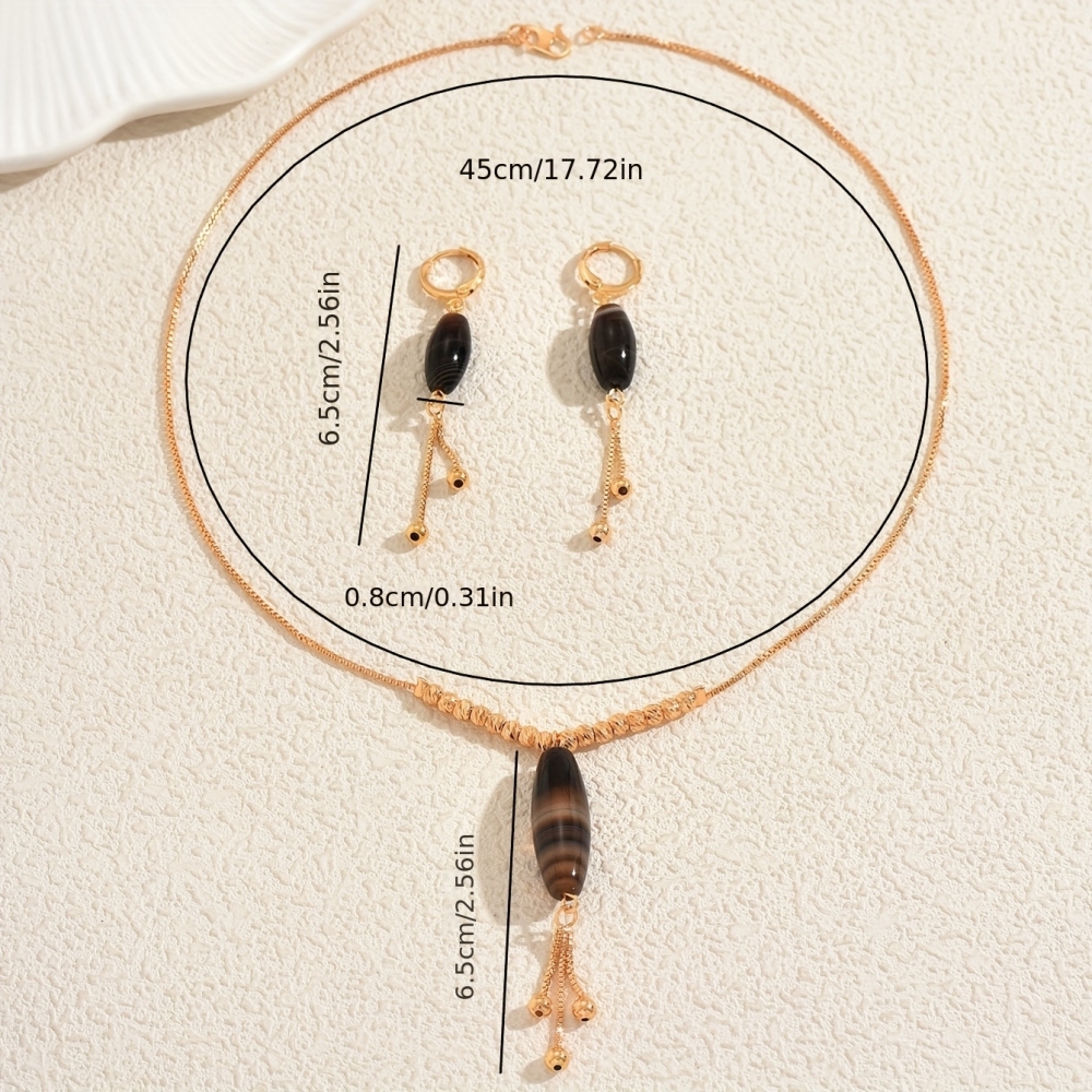 Natural Agate Beaded Necklace Earrings Set Simple Retro Ethnic Style Party Jewelry Accessories Geometric Pattern Tassel