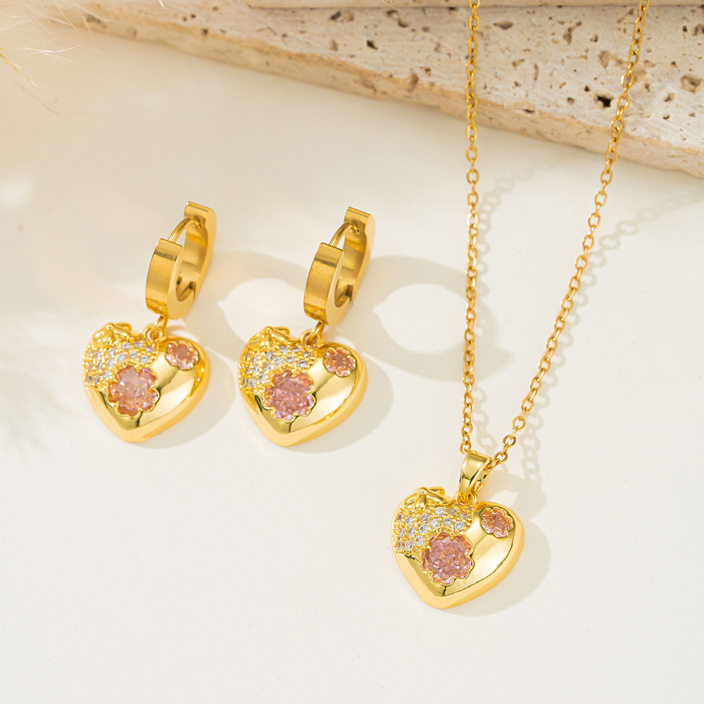 Pink Heart-Shaped Stainless Steel Jewelry Set For Women Minimalist Design No Engraving Accessories