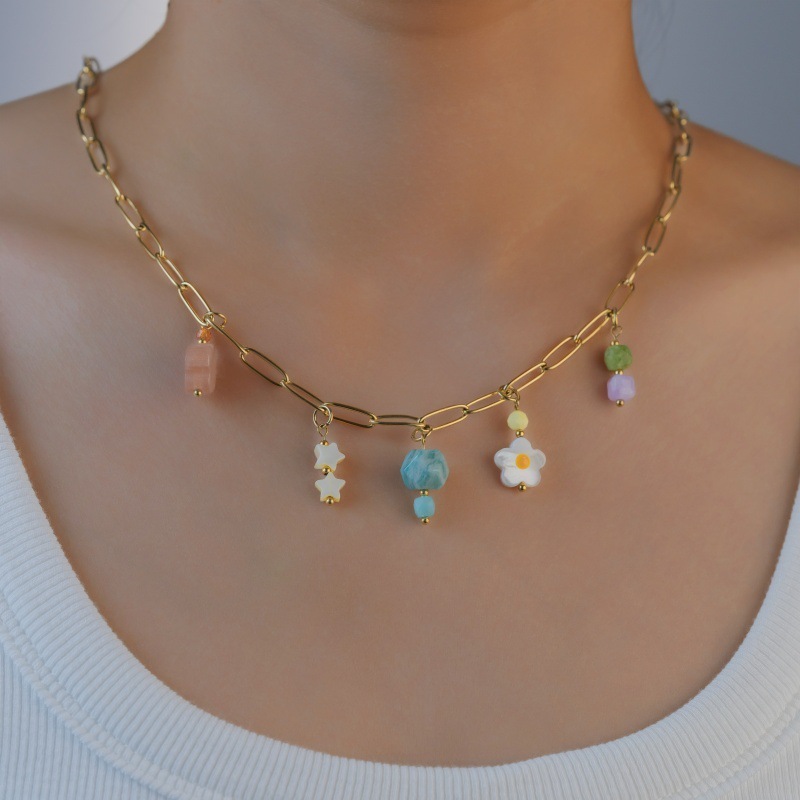 New Colorful Natural Stone Pendant Necklace Simple Fresh Female Style Stainless Steel Original Design Jewelry Accessories