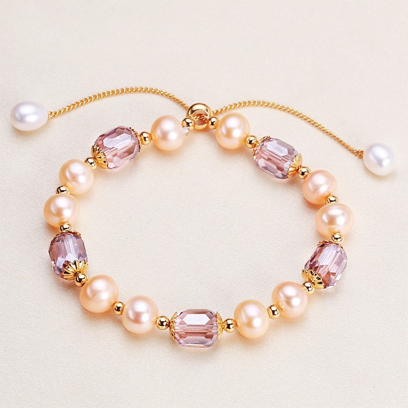 Natural Freshwater Pearl Bracelet Sweet Luxury Adjustable Purple Quartz Drawstring Small Luxury Geometric Pattern Women's Bracelet