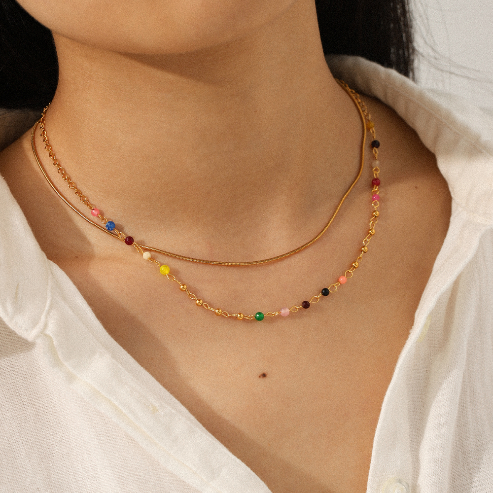 French Double Layer 304 Stainless Steel Necklace Non-Fading Choker Titanium Steel Round Snake Chain Colorful Beaded Chain Bohemian Vacuum Electroplated 18K Real Gold Plated Accessories