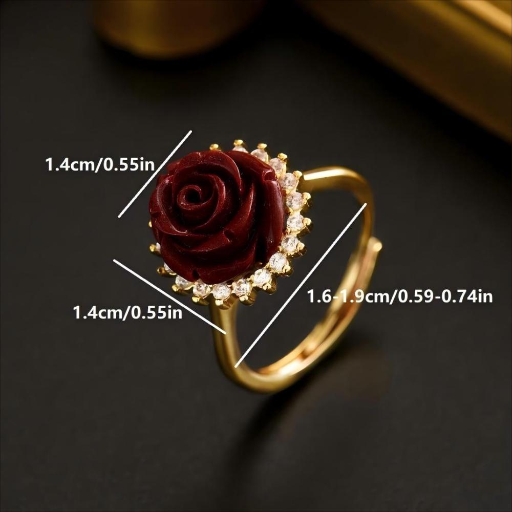 1 Piece Copper Inlaid Zircon And Cinnabar Material Rose Shape Vintage Simple High-end Sense Women's Ring Party Banquet Jewelry Accessories
