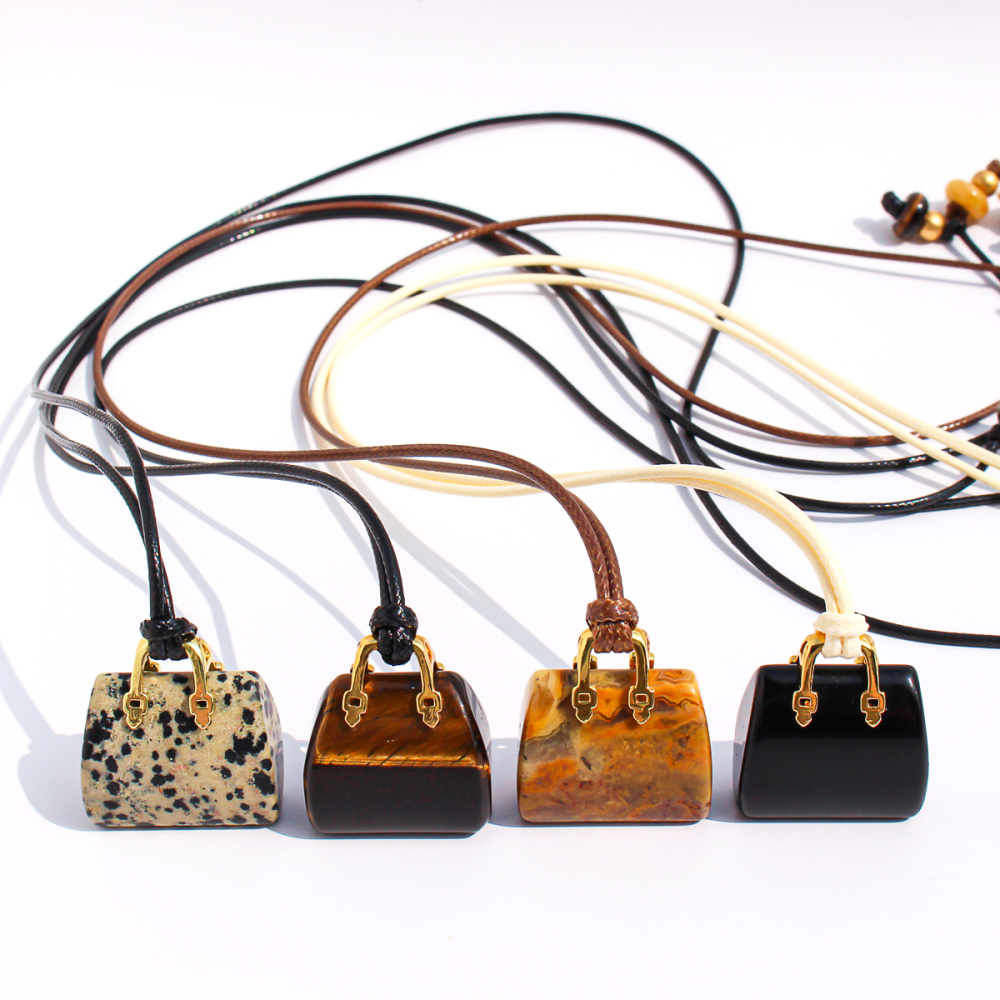 Natural Spotted Tiger Eye Stone Pendant Leather Rope Casual Long Necklace Adjustable Self-tying Sweater Chain Fashionable Ladies Holiday Style Accessories