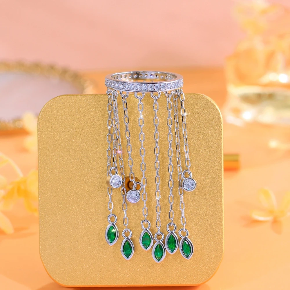 Copper Ring Women Luxury Green Cubic Zirconia Ultra Long Tassel Pendant Ring Fashion Party Dress Jewelry Accessories