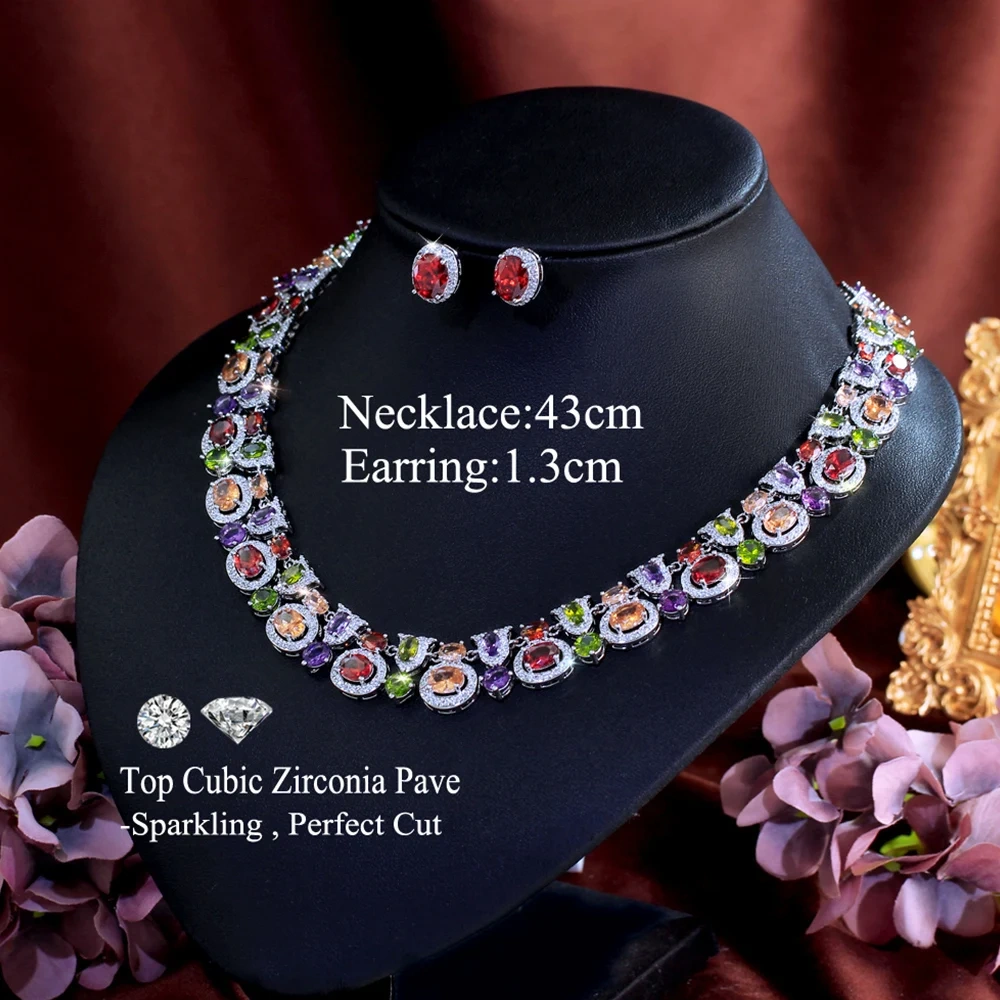 Copper Jewelry Two-Piece Set Luxurious Geometric Multicolor Cubic Zirconia Earrings Necklace Set For Women Bohemian Party Wedding Costume Jewelry