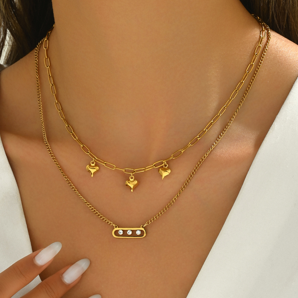 One Stainless Steel Heart Geometric Rhinestone-Encrusted Temperament Twin Double Layer Clavicle Chain Suitable For Ladies Party Wear