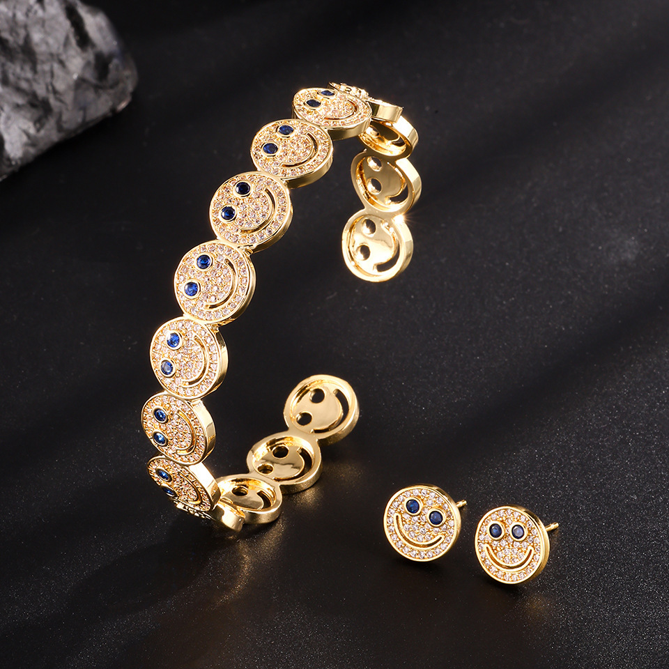 Elegant Smiling Face Micro-Paved Diamond Fashion Open Hand Bracelet Ring Set Versatile Zircon Match All Yellow Copper OL Style