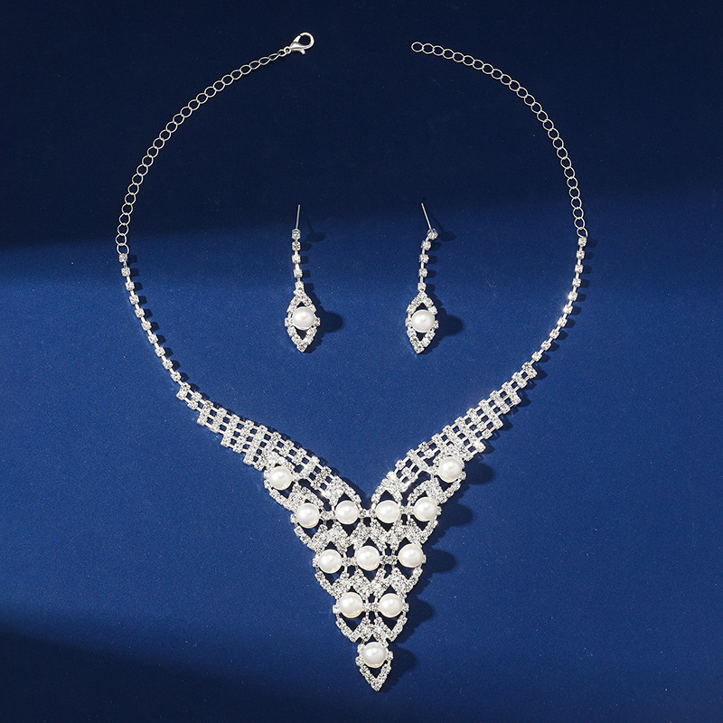 Pearl Rhinestone Necklace Earrings Set Wedding Party Dress Zinc Alloy Jewelry Accessories For Women