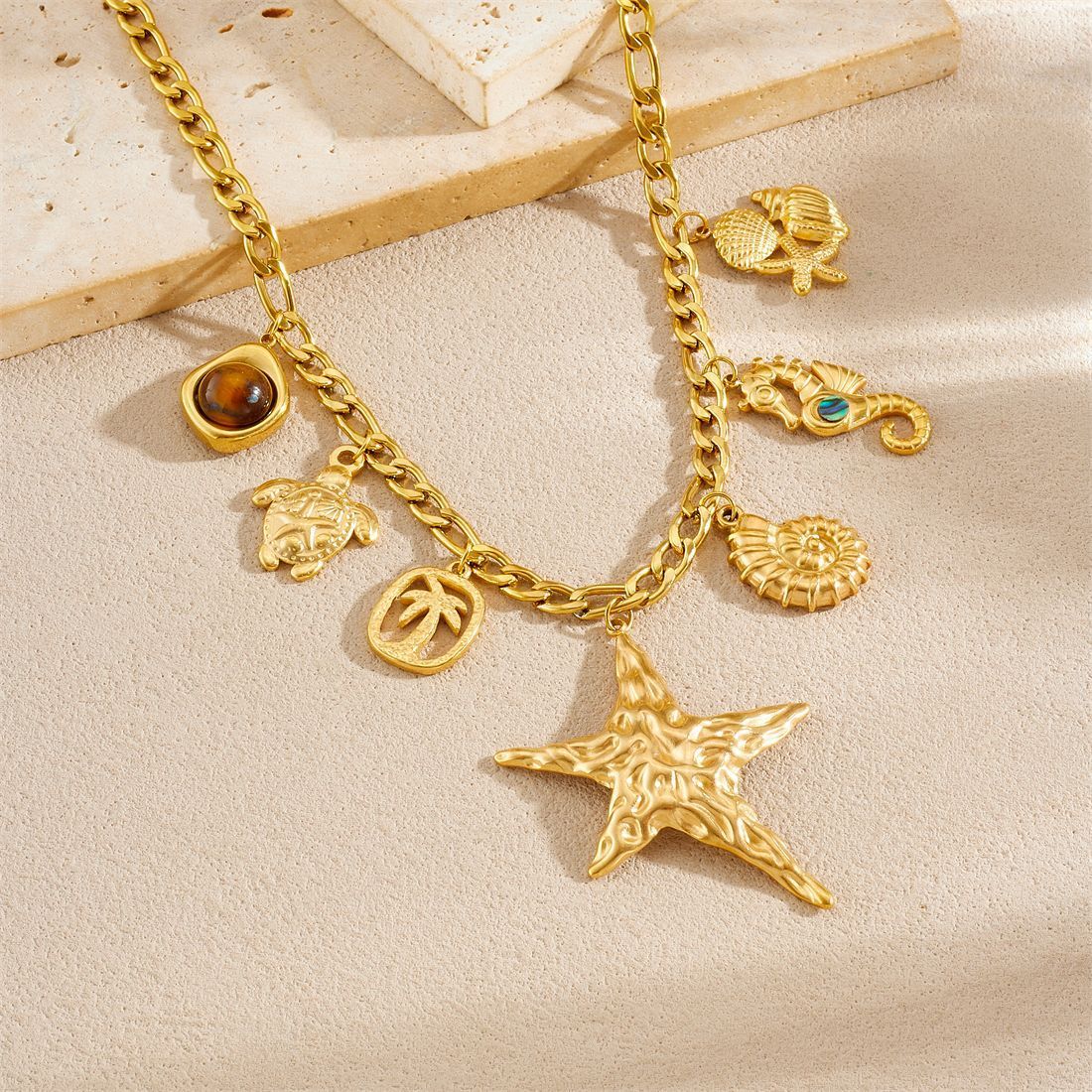 Heavy Metal Gold Plated Starfish Pendant Stainless Steel Marine Life Accessories Necklace