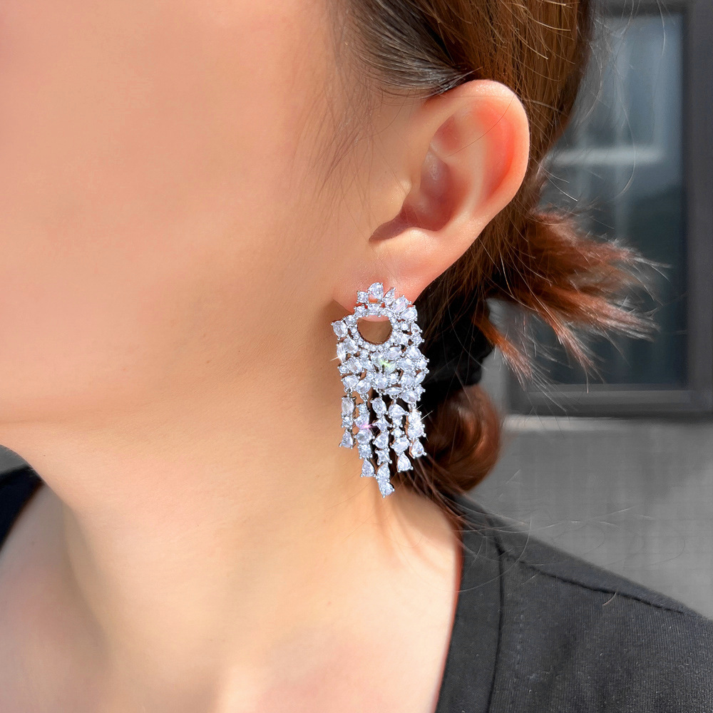 Elegant Long Tassel Zirconium Stone Copper Earrings Wedding Suitable Women's Date Jewelry Accessories Polished Finish