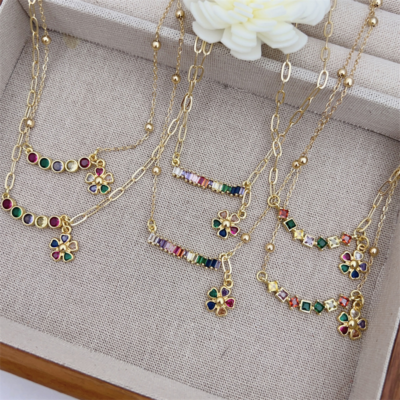 18K Gold Plated Handmade Double Pendant Flower Zircon Necklace Classic Simple Style Daily Wear Gift Copper Pendant Lobster Clasp