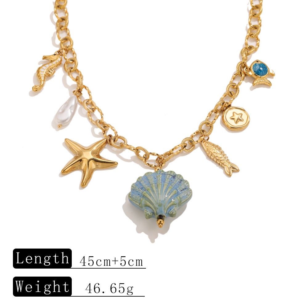 Waterproof Stainless Steel Fan Shell Necklace Women's Vacation Beach Holiday Starfish Pendant High-End Feeling Jewelry