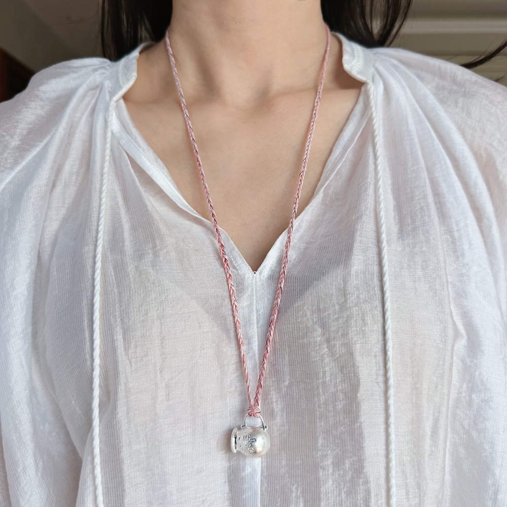 Long Handmade Woven Necklace Summer Vacation Accessories Milk Canister Flower Pink Thread Geometric Pattern Design Women's Jewelry