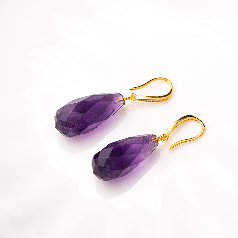S925 Silver Gold Plated Natural Uruguay Purple Quartz Faceted Lotus Flower Ear Hook Dangle Women's Earrings Geometric Pattern
