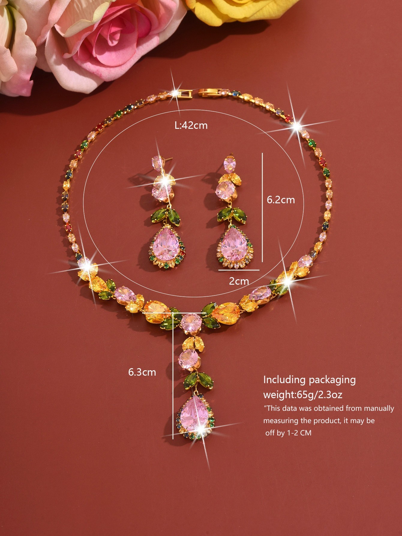 Luxurious Rainbow Zircon Heart Necklace Earrings Set Elegant Dinner Wedding Dress Accessories Fashionable Jewelry Combo For Women
