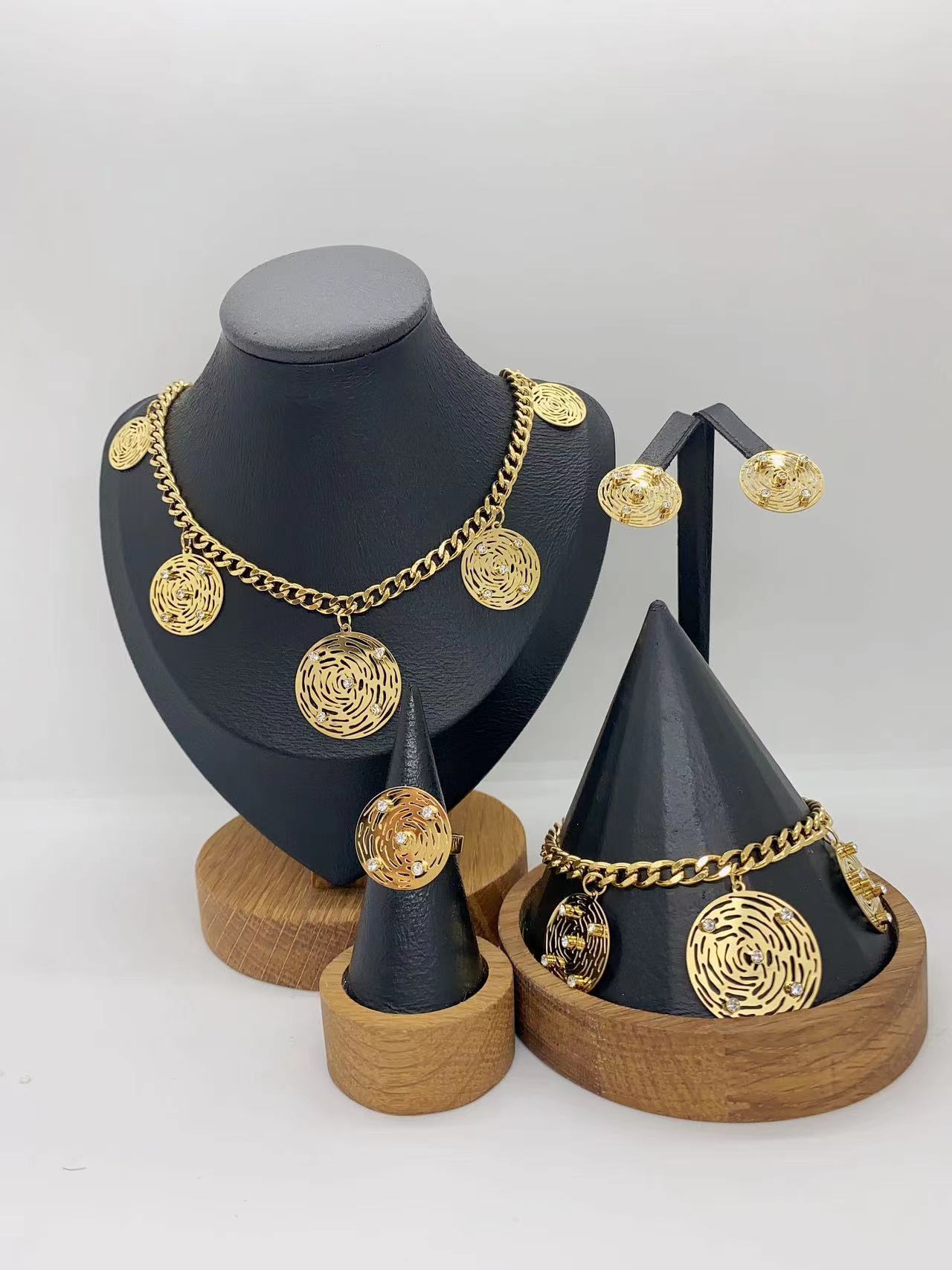 European And American Fashion Trend Ins Style Exaggerated 304 Stainless Steel Hollow Round Square Necklace Earrings Ring Bracelet Set