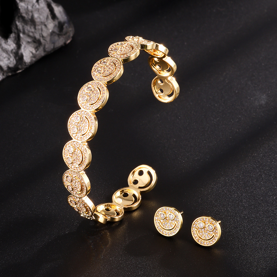 Elegant Smiling Face Micro-Paved Diamond Fashion Open Hand Bracelet Ring Set Versatile Zircon Match All Yellow Copper OL Style