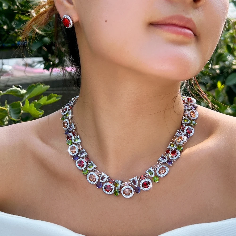 Copper Jewelry Two-Piece Set Luxurious Geometric Multicolor Cubic Zirconia Earrings Necklace Set For Women Bohemian Party Wedding Costume Jewelry
