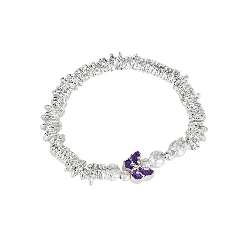 Universal Electroplated Silver Geometric Pattern Enamel Flower Butterfly Coiled Bracelet For Women Vintage Fragmented Silver Bracelet Small Round Bead Bracelet Copper Ethnic Style