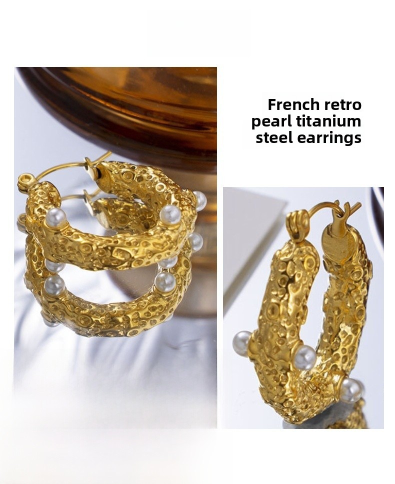 Geometric Titanium Steel Pearl U-shaped Earrings Ladies Retro Gold-plated Jewelry Accessories