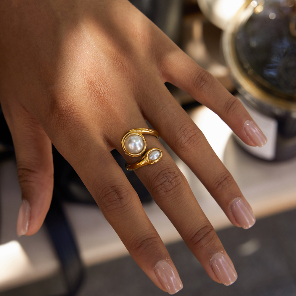 Elegant Open Ring For Ladies Resin Pearl Stainless Steel 18K Gold Vacuum Plating Pearl Pattern High Quality 304 Stainless Steel