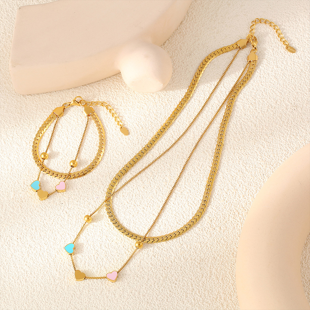 304 Stainless Steel Heart Shape PVD Coated Real Gold Plated Retro Vacation Waterproof Non Tarnish Enamel Bracelets Necklace