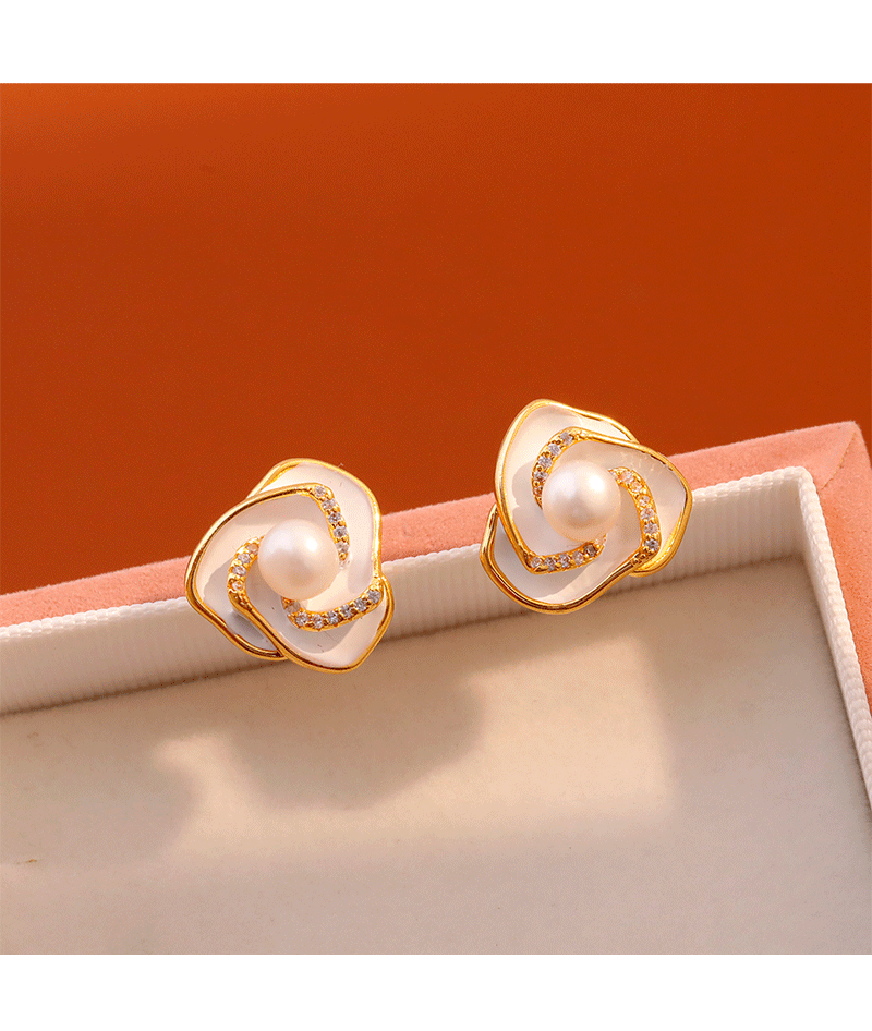 Elegant Pearl Tea Rose Earrings Women's Fashion Commute Delicate Enamel Drip Glaze Studs Trendy Jewelry Accessories