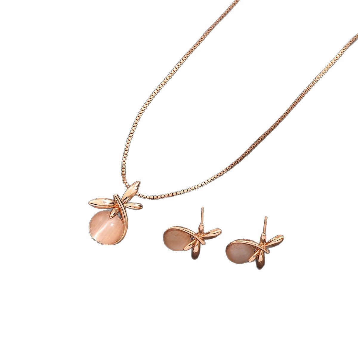 Handmade Cat Eye Stone Jewelry Set For Women Simple  Rose Gold Geometric Pattern Butterfly Inlaid Gemstone