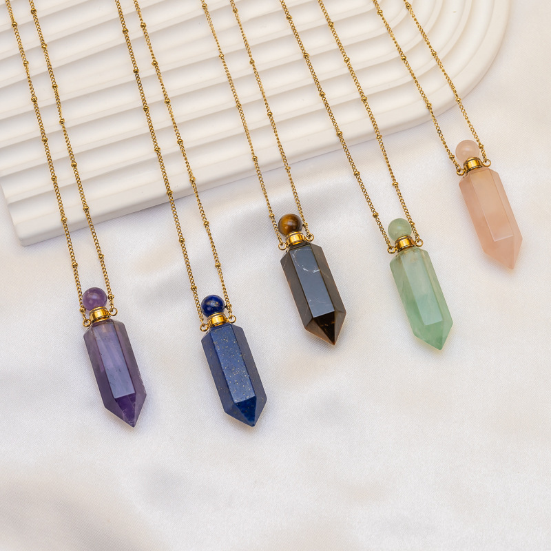 Natural Crystal Round Bead Hexagonal Column Perfume Bottle Stainless Steel Necklace Pointed Cone Aromatherapy Bottle Women's Luxurious Style Jewelry Accessories