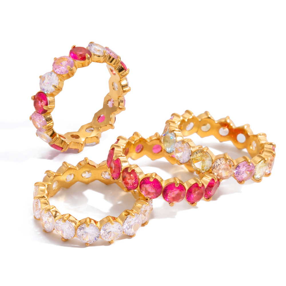 Women's Classic Style 18K Gold Stainless Steel + Zircon Inlaid Pink White Round Zircon Ring Size 7