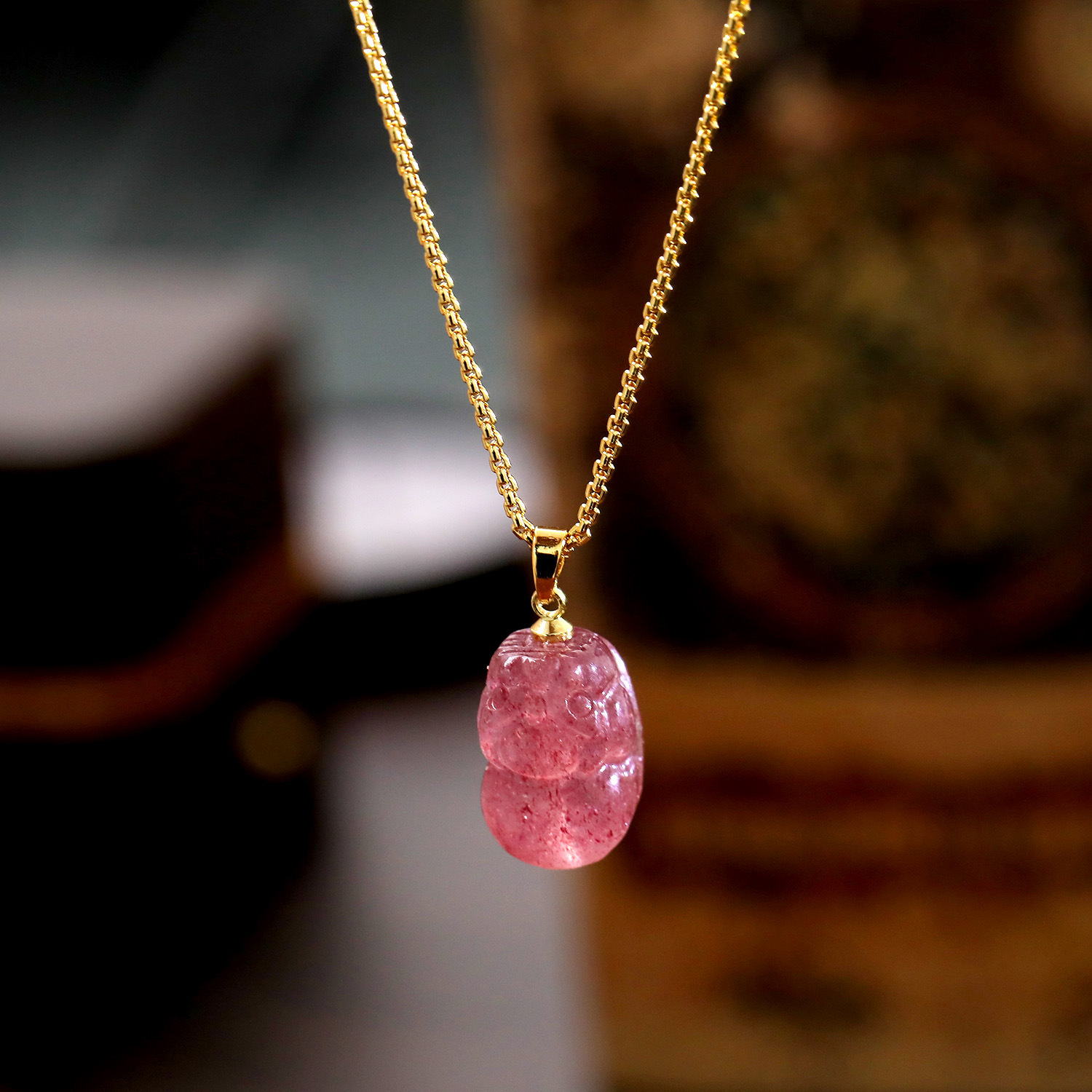 Trendy Accessories Sweater Chain Pink Strawberry Crystal Tassel Pendant Yellow Jade Necklace For Women